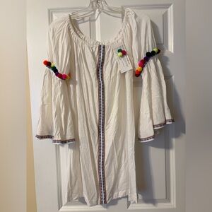 PITUSA White Boho Cover Up Off-Shoulder with Colorful Pom Poms. NWT. One Size.